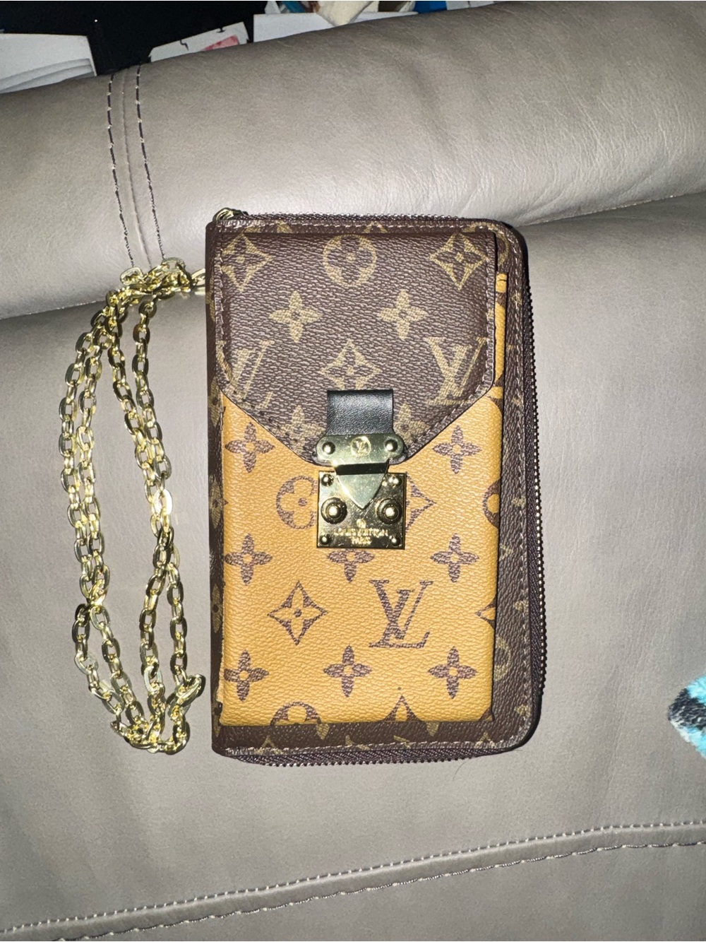 Monogram Two-Tone Zip Phone Pouch with Gold Chain